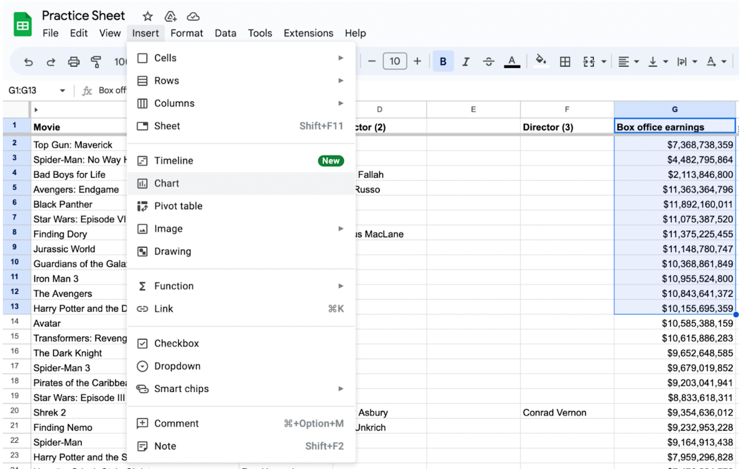 Alt text: Google Sheet shown with Insert > Chart options from the Google Sheets menu