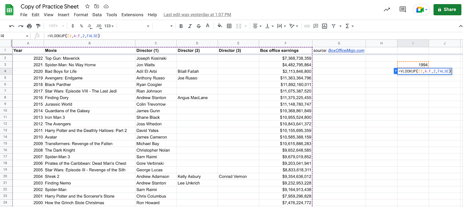 Alt text: VLOOKUP function index displayed in Google Sheets.