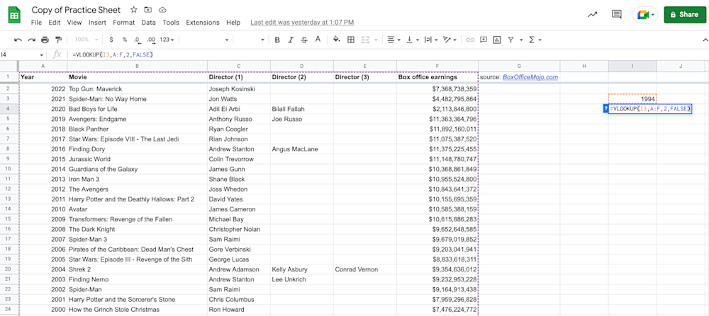 Alt text: VLOOKUP function index displayed in Google Sheets.