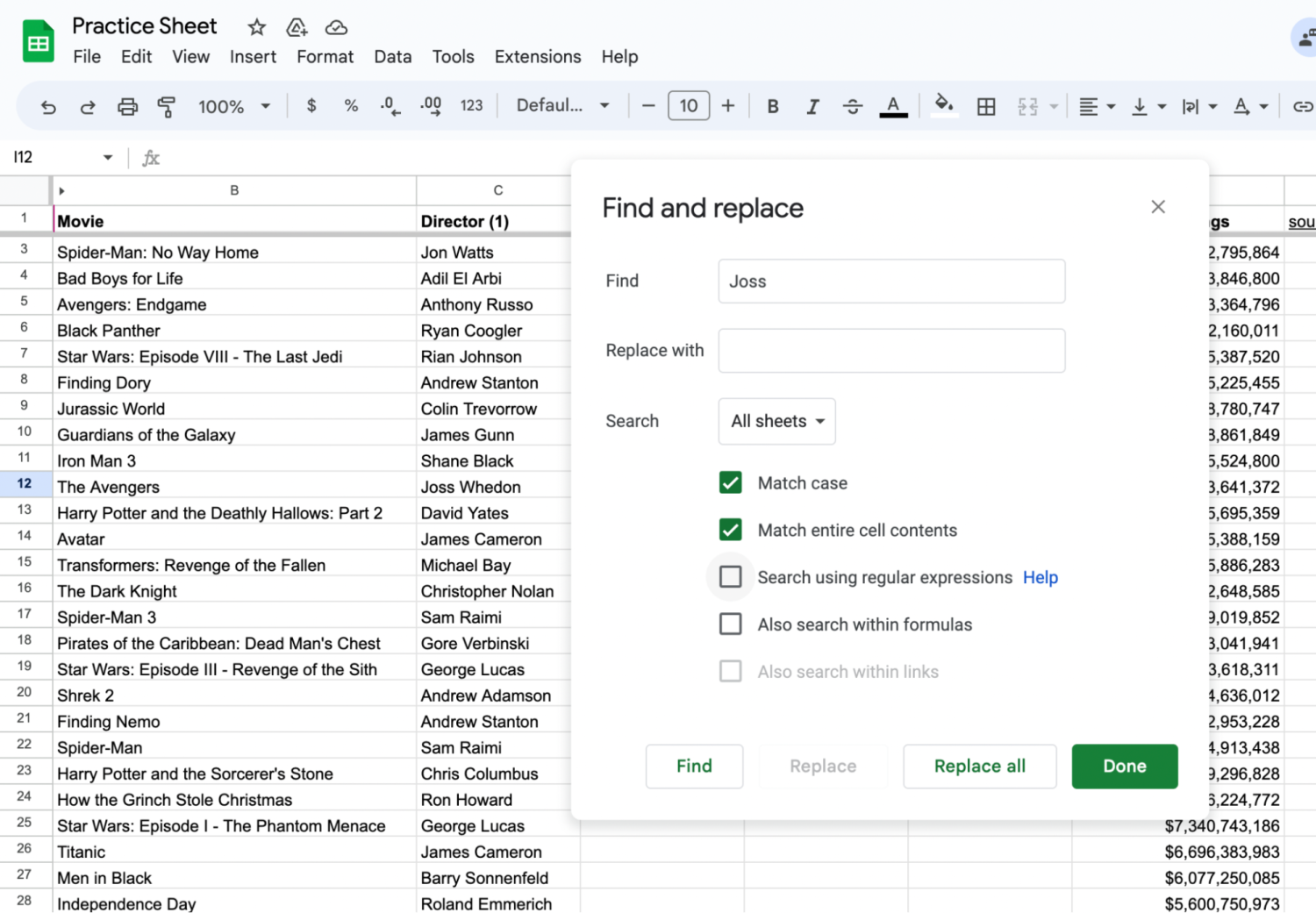 [Screenshot] Screenshot of the ‘Find and replace’ box on Google Sheets displayed with the ‘Match case’ and ‘Match the entire cell contents’ boxes ticked