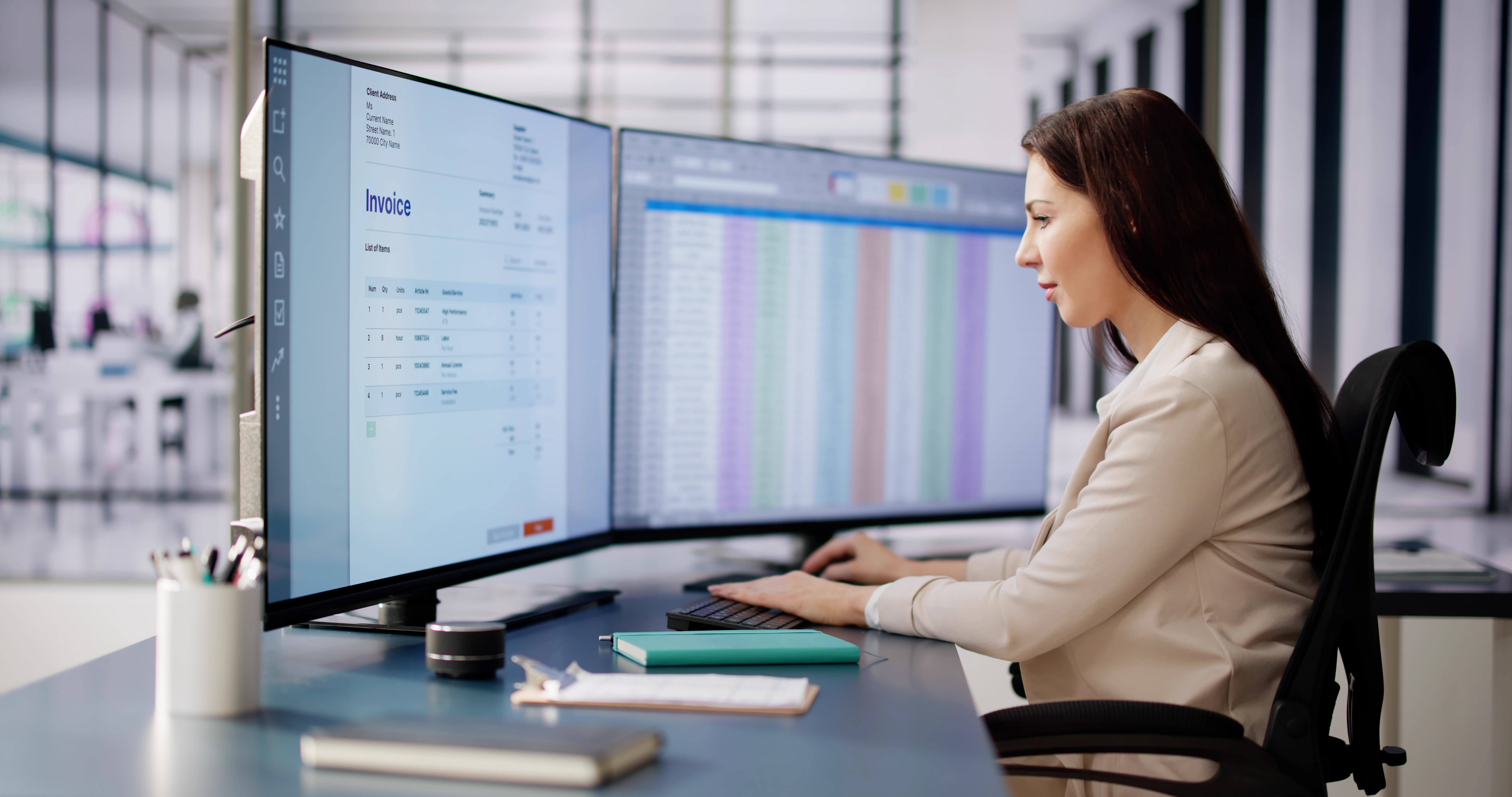 [Featured Image] A business person sits at an office desk using two computer screens as they import XML to Google Sheets.