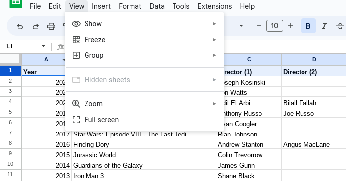 Click View > Freeze in Google Sheets