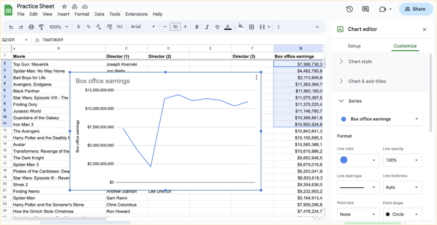 Alt text: Google Sheet displayed with the ‘Customize’ tab shown and ‘Series’ selected
