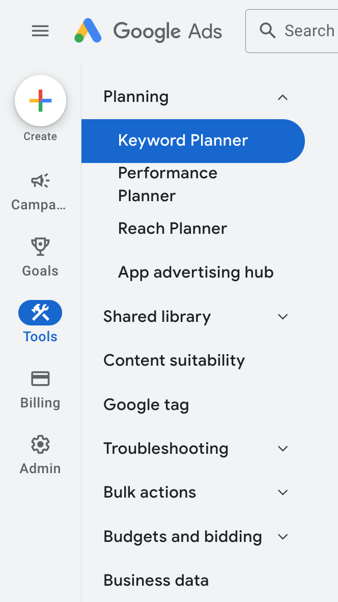 Screenshot of Google Ads Tools dropdown with Keyword Planner highlighted
