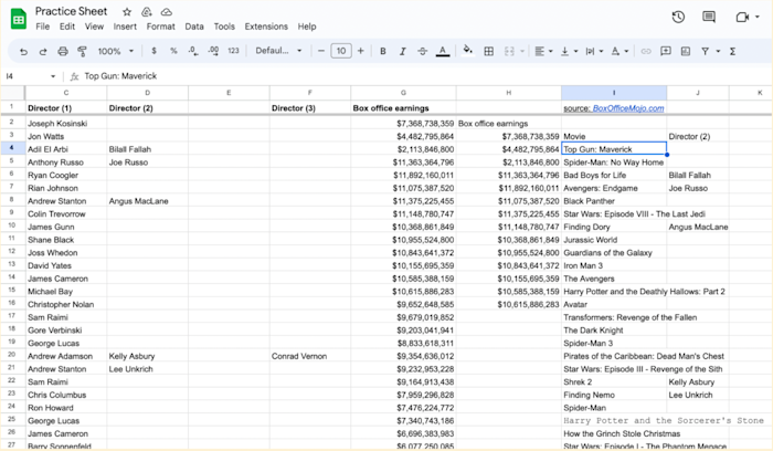 Query results including movie titles and box office earnings above 10000000000