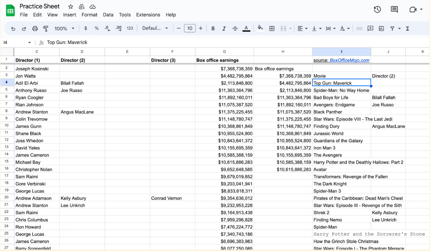 Query results including movie titles and box office earnings above 10000000000