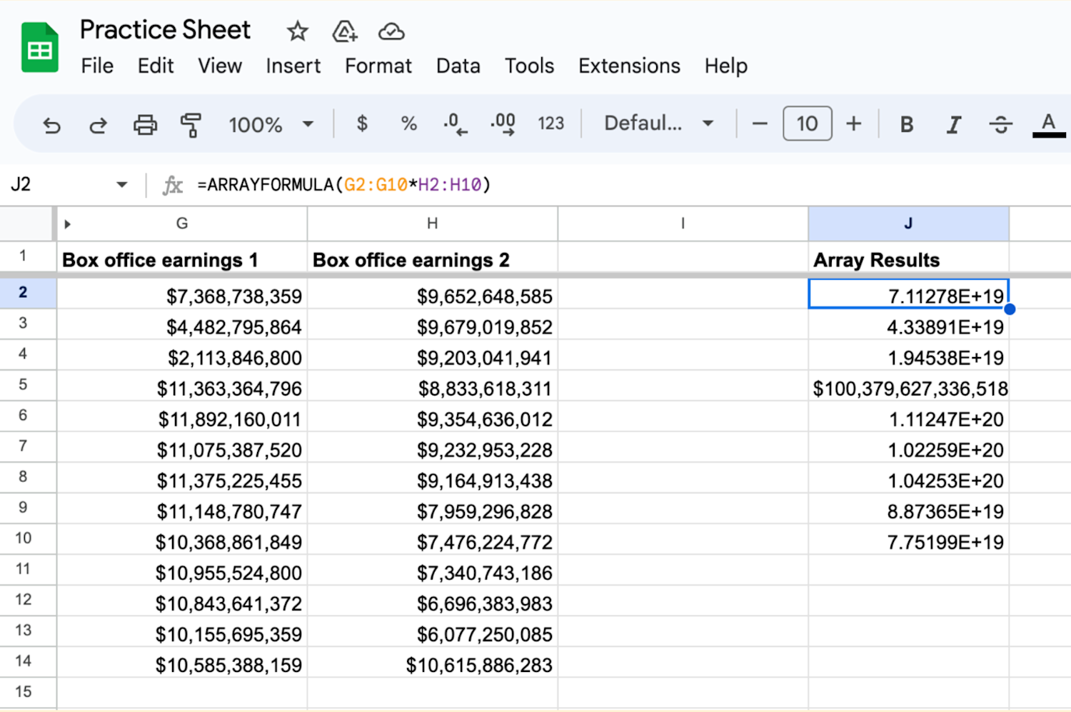 Google Sheets opened with the data from Columns G and H multiplied line by line to create a new array for rows 2 through 10