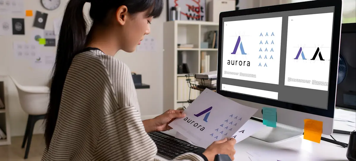 [Featured image] A graphic designer works in her home office on a logo, one of the many different types of graphic design.