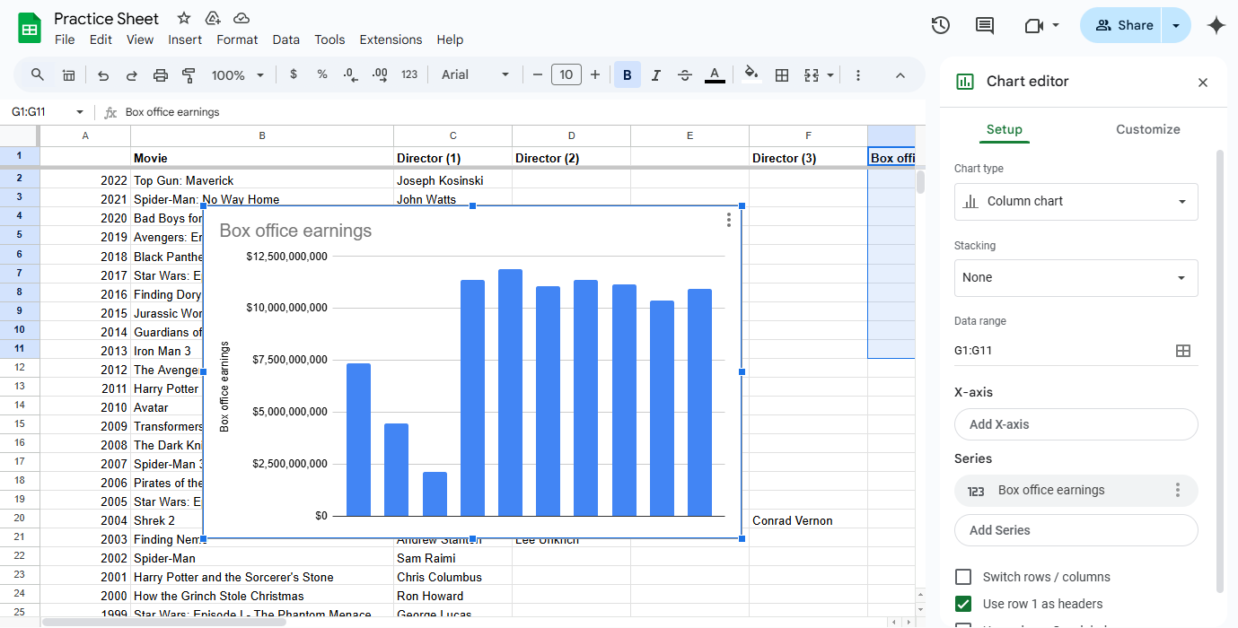 Google Sheet with ‘Chart editor’ opened