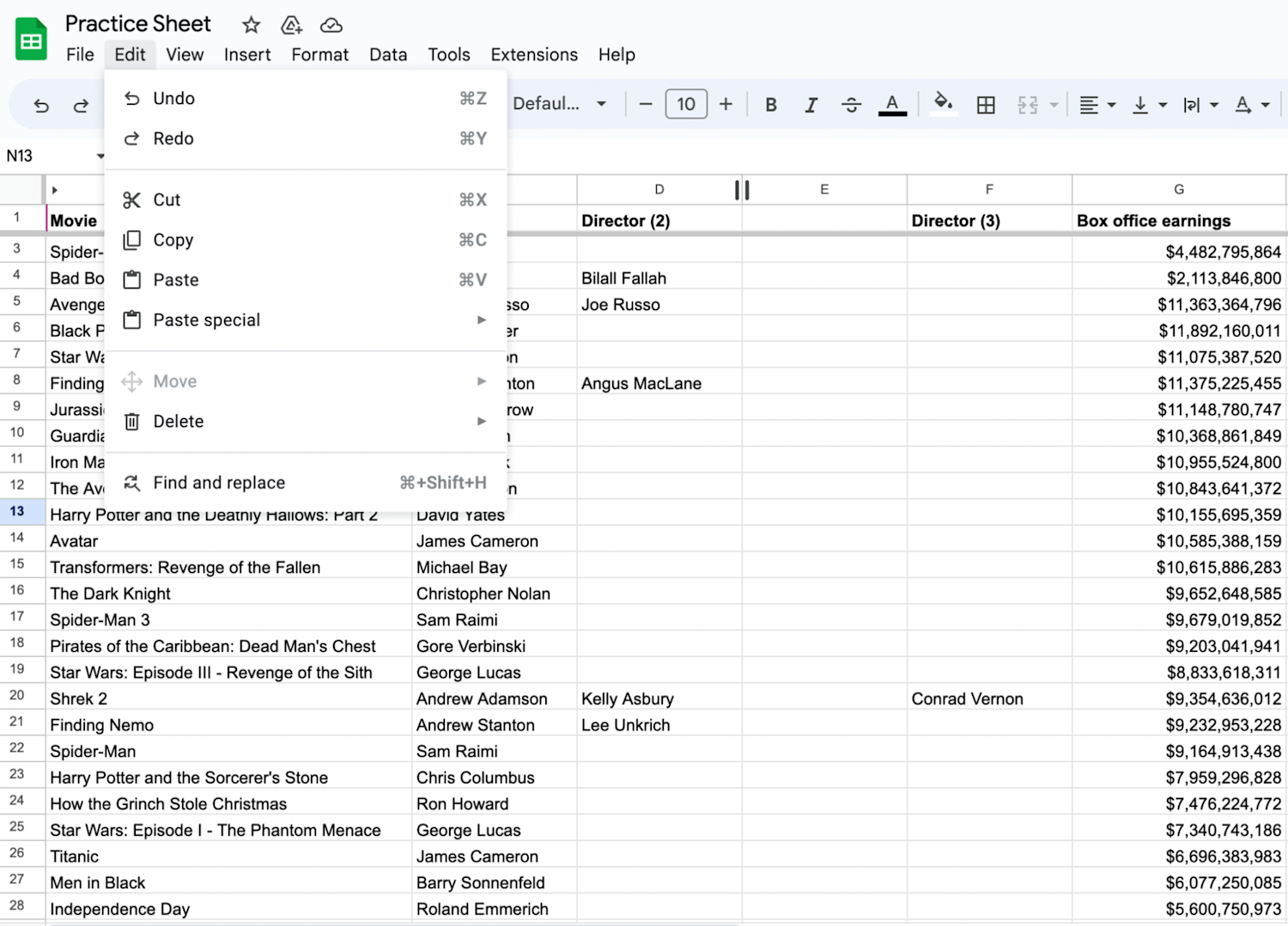 [Screenshot] Screenshot of a Google Sheet ‘Edit’ menu displayed