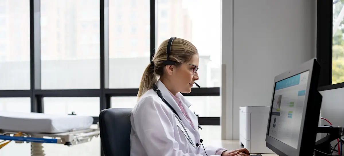 [Featured Image]:  A telehealth nurse, wearing a white uniform, is sitting in front of their computer, communicating with a patient.