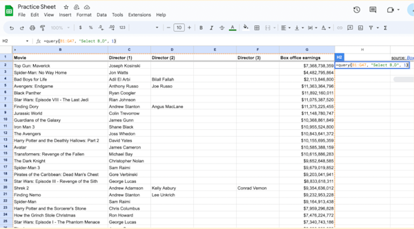 Query formula including the data, query function, and header text