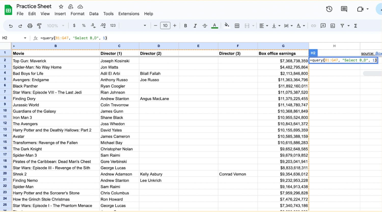 Query formula including the data, query function, and header text