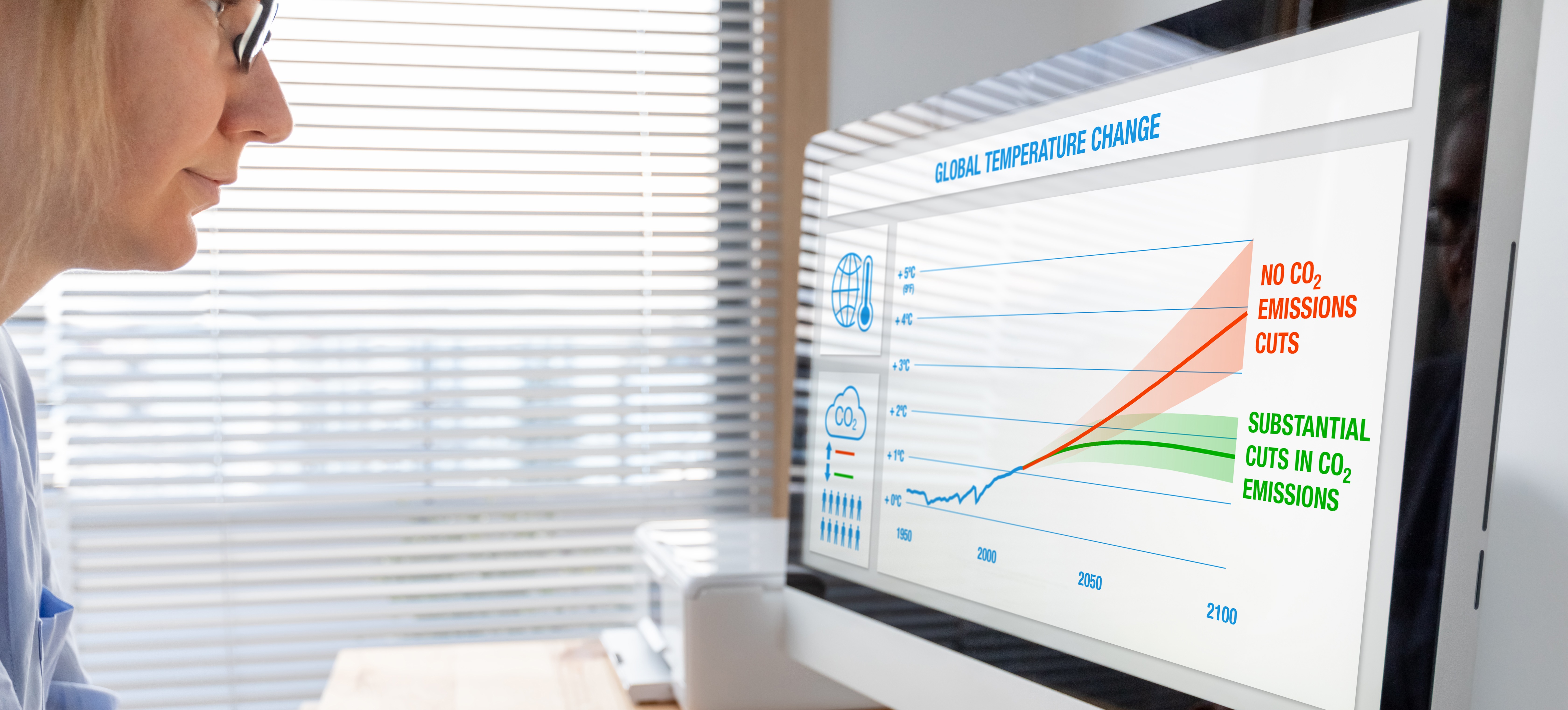 [Featured Image] A sustainability expert reads a graph on global temperature change and CO2 emissions derived from gathering interval data.