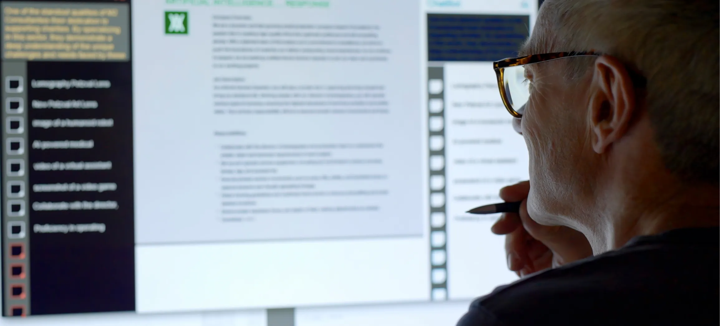 [Featured Image]: A person looking at a computer monitor reflects on how to use ChatGPT to automate tasks at work.
