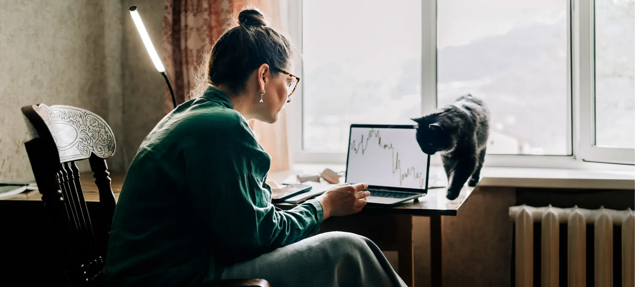 [Featured Image]: A person sits in front of a window with a laptop and a cat looking at a graph, an example of graph theory in action.
