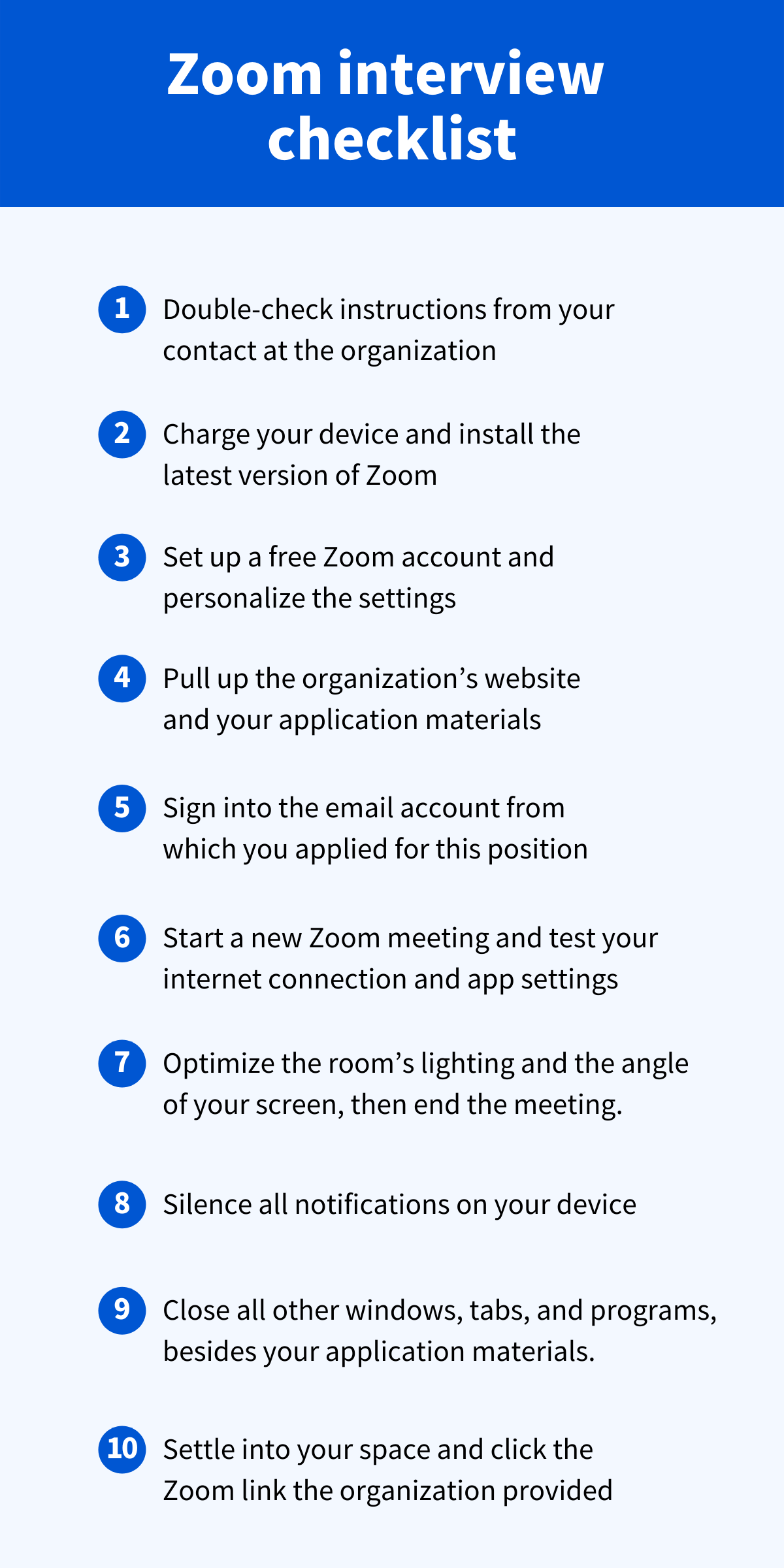 [Infographic] Zoom interview checklist. Black text on an off-white background.