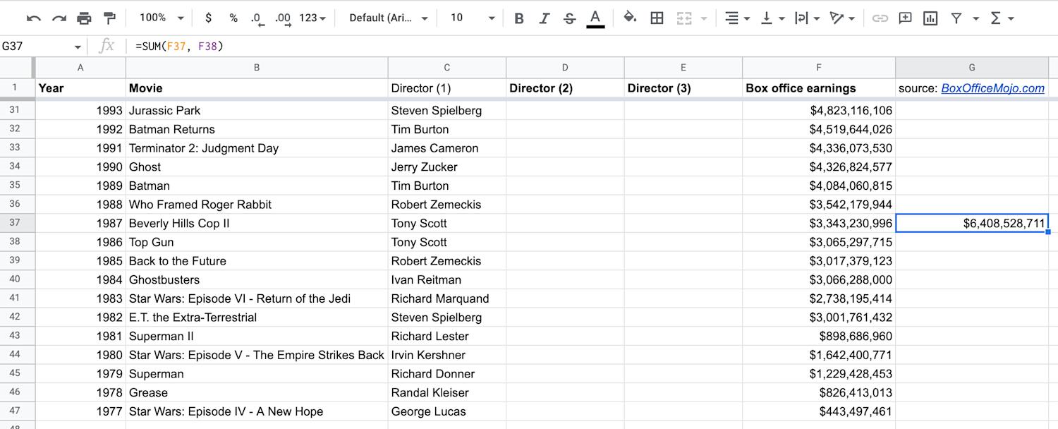 Alt text: The sum of cells F37 and F38 displayed in Google Sheets.