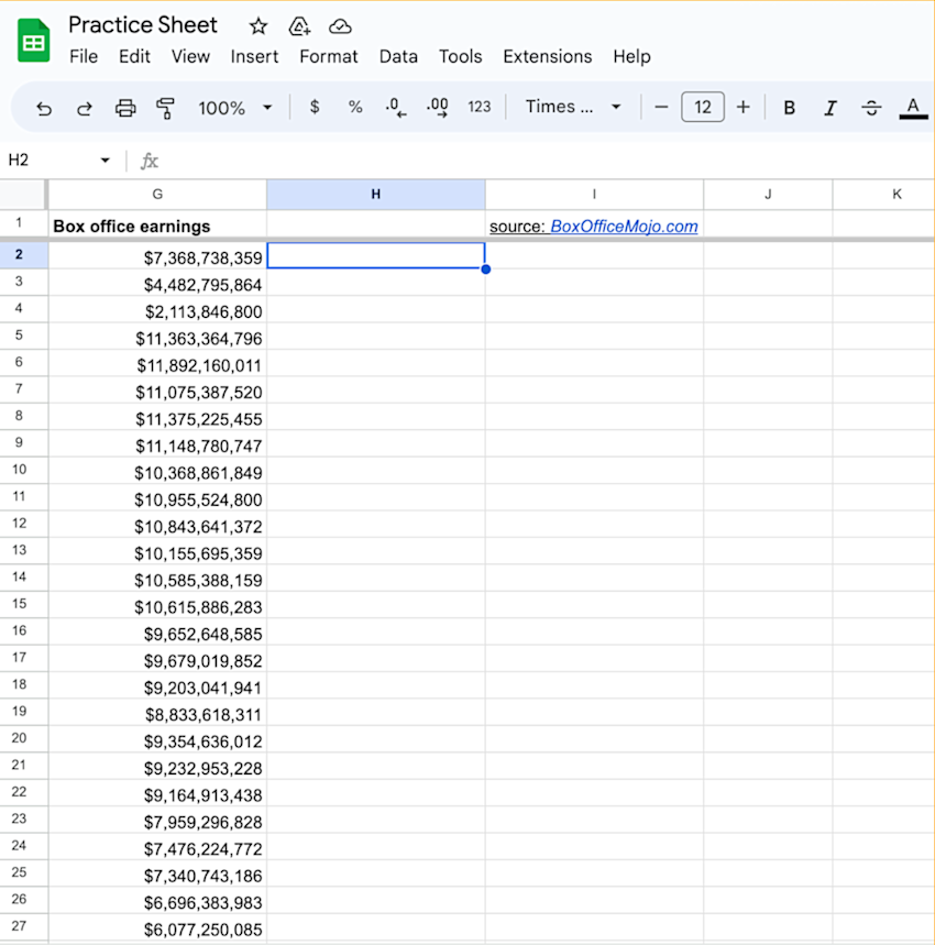 Google Sheet opened with cell selected for location of formula