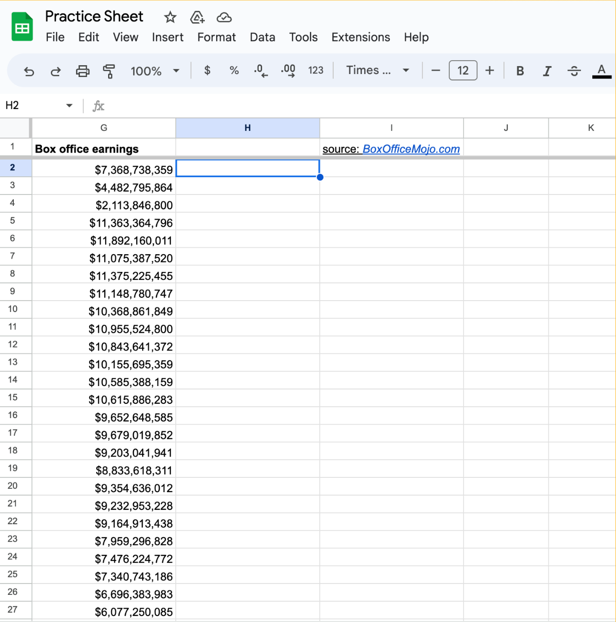 Google Sheet opened with cell selected for location of formula