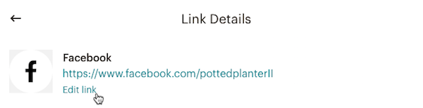 [Body image] A screenshot of a Mailchimp "Link Details" section shows the URL for a Facebook page and the user's cursor over the "Edit link" button.