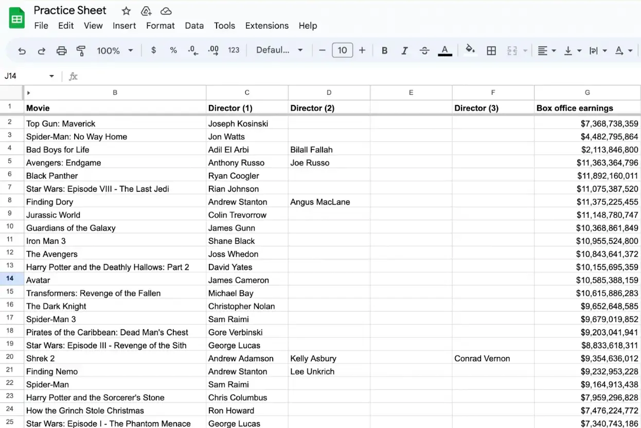 Alt text: Google Sheet shown with a long list of movies and data pertaining to each.