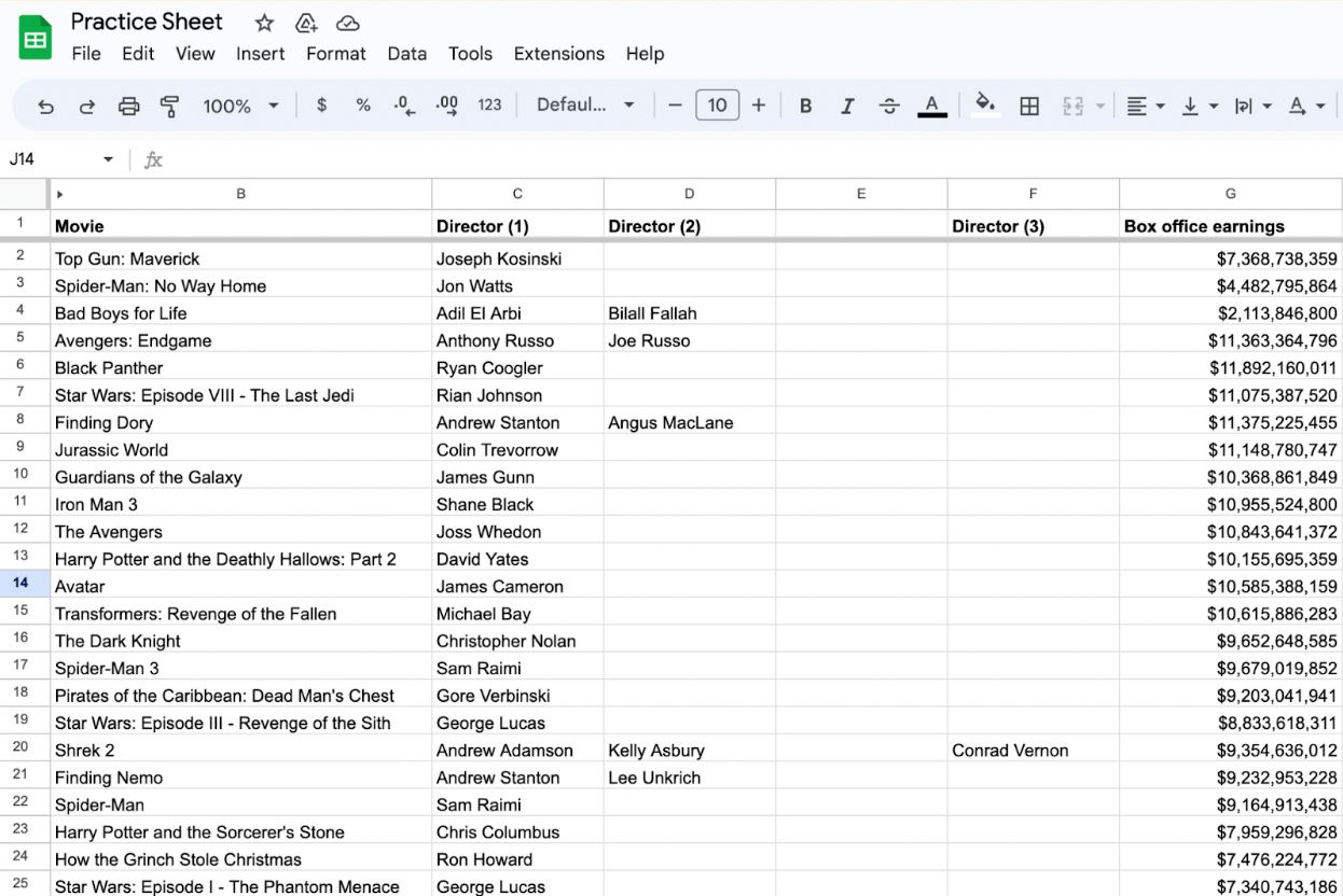 Alt text: Google Sheet shown with a long list of movies and data pertaining to each.