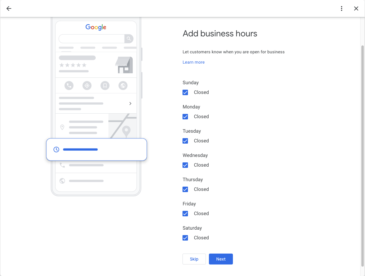 [Screenshot] Google Business lets you select your business operation hours, or skip if your business is online.