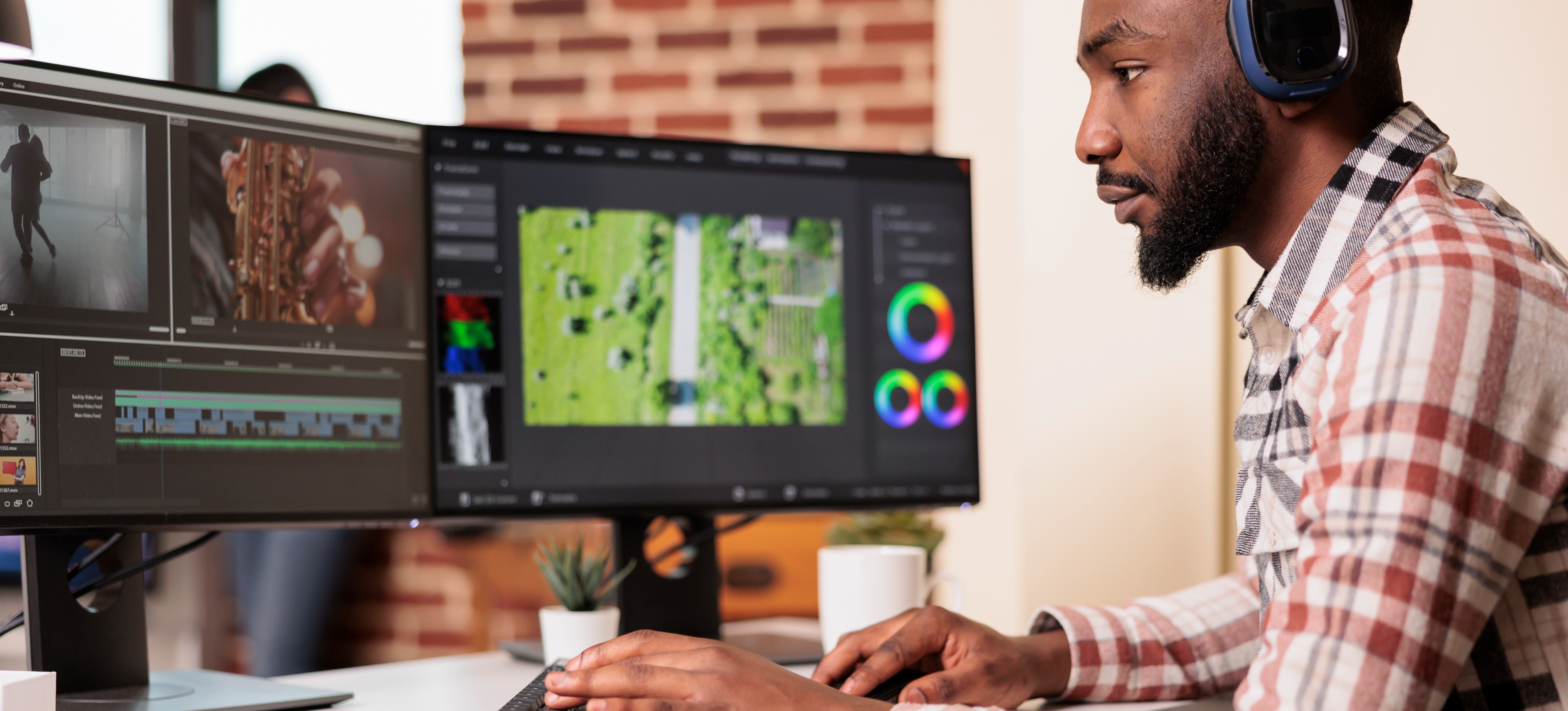 [Featured Image] A person with headphones sits at a desk doing their video editing job on two computer monitors and a keyboard.