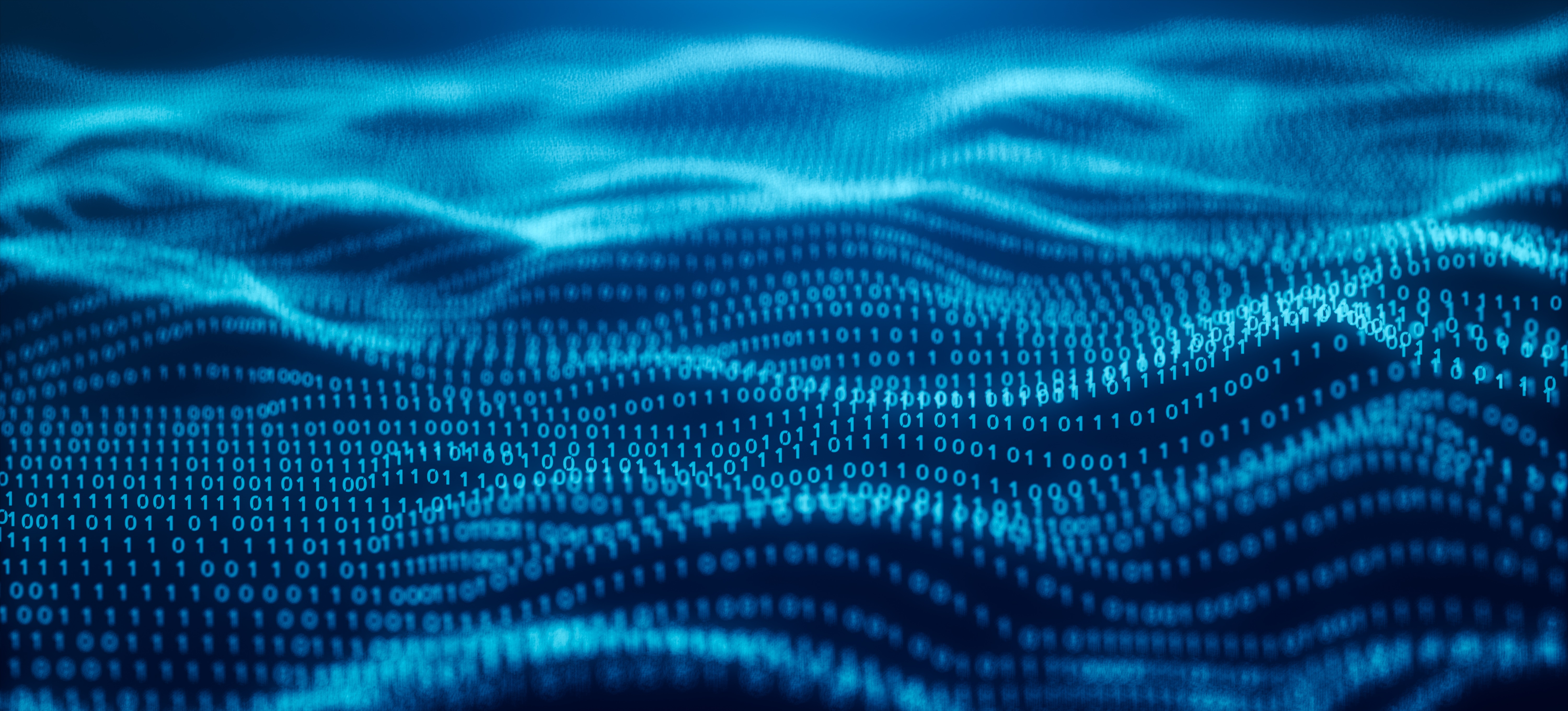 [Featured Image] An abstract art design of blue waves and binary code.