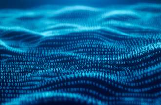 [Featured Image] An abstract art design of blue waves and binary code.