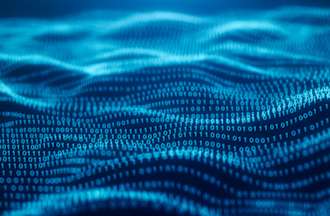 [Featured Image] An abstract art design of blue waves and binary code.