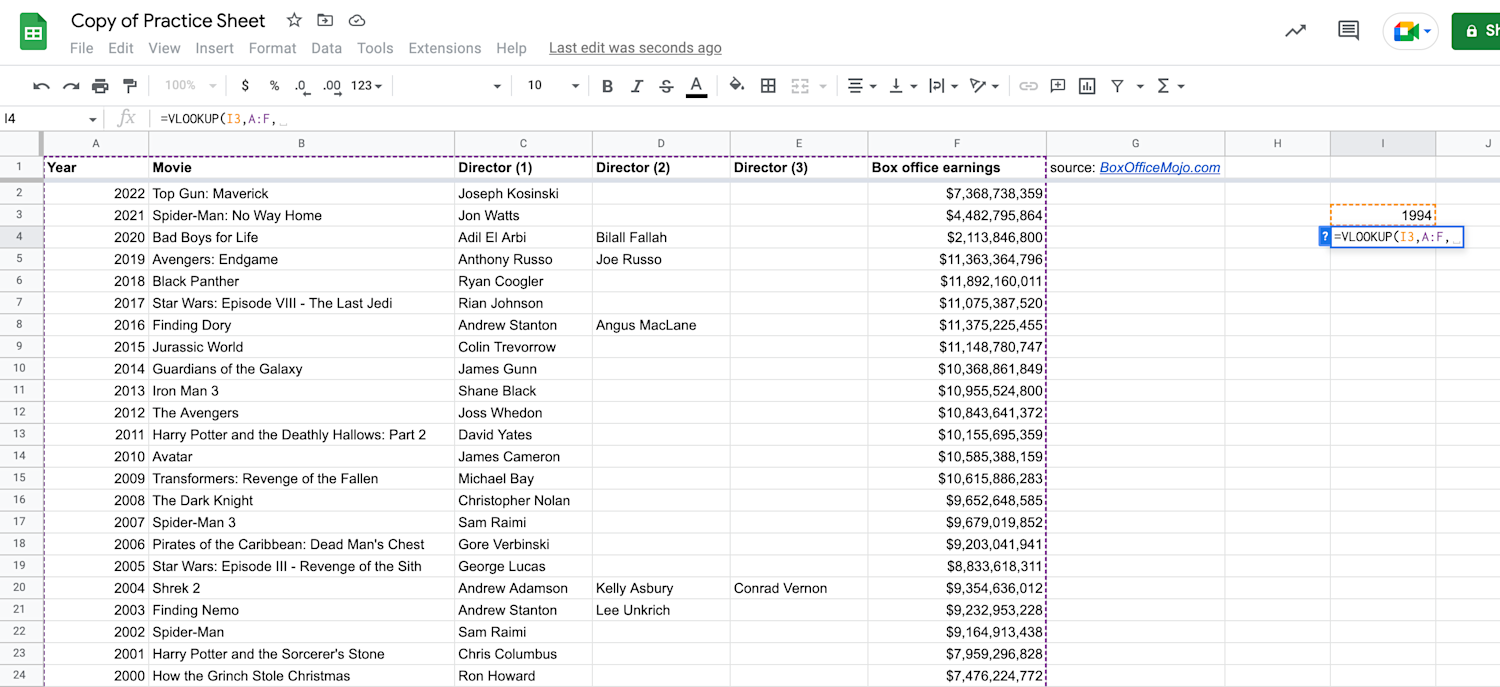 Alt text: VLOOKUP function range displayed in Google Sheets.