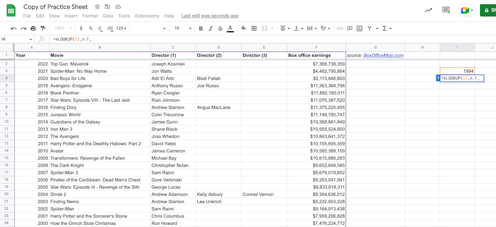 Alt text: VLOOKUP function range displayed in Google Sheets.