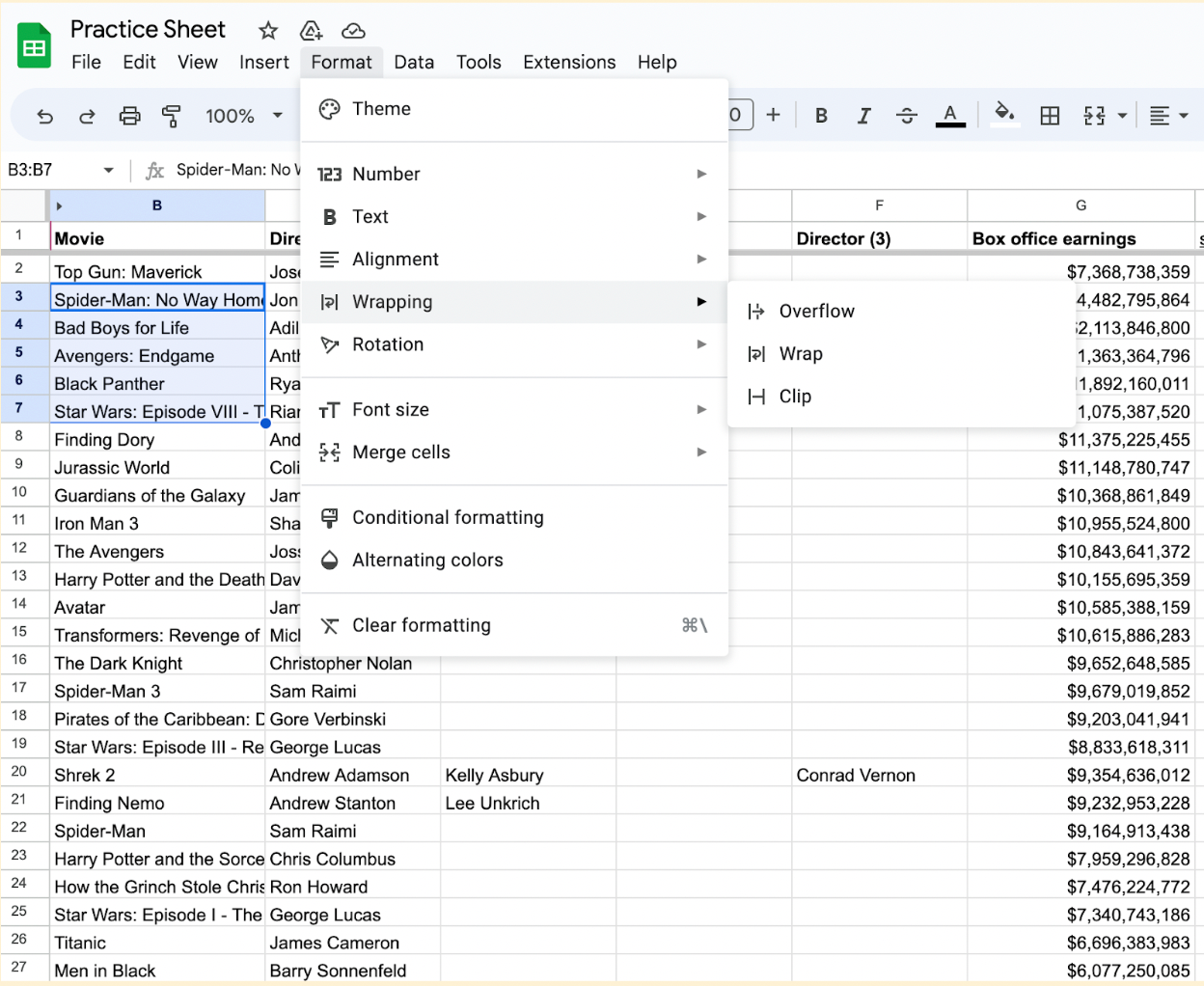 The Wrapping option highlighted in the Format menu of Google Sheets