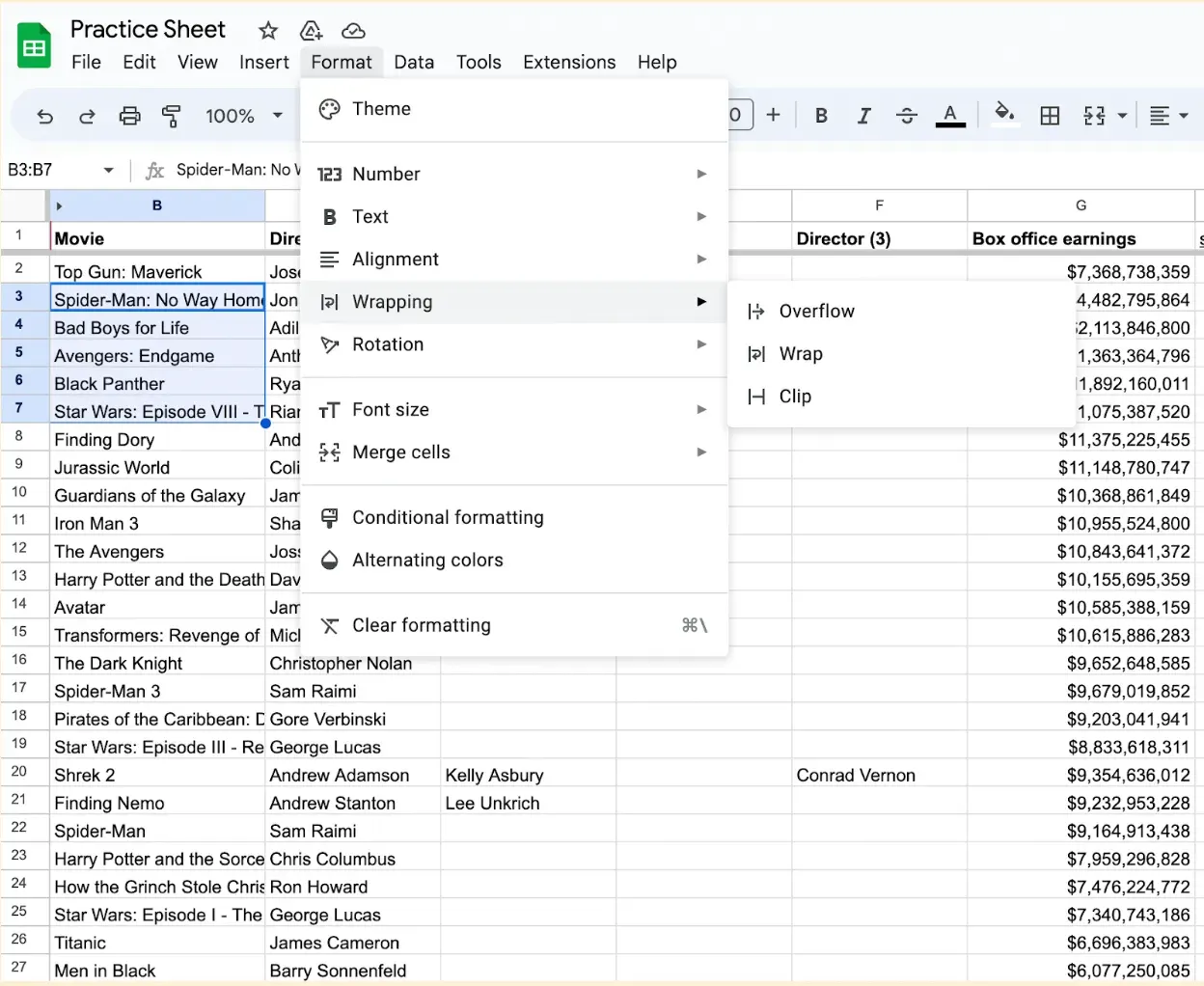 The Wrapping option highlighted in the Format menu of Google Sheets