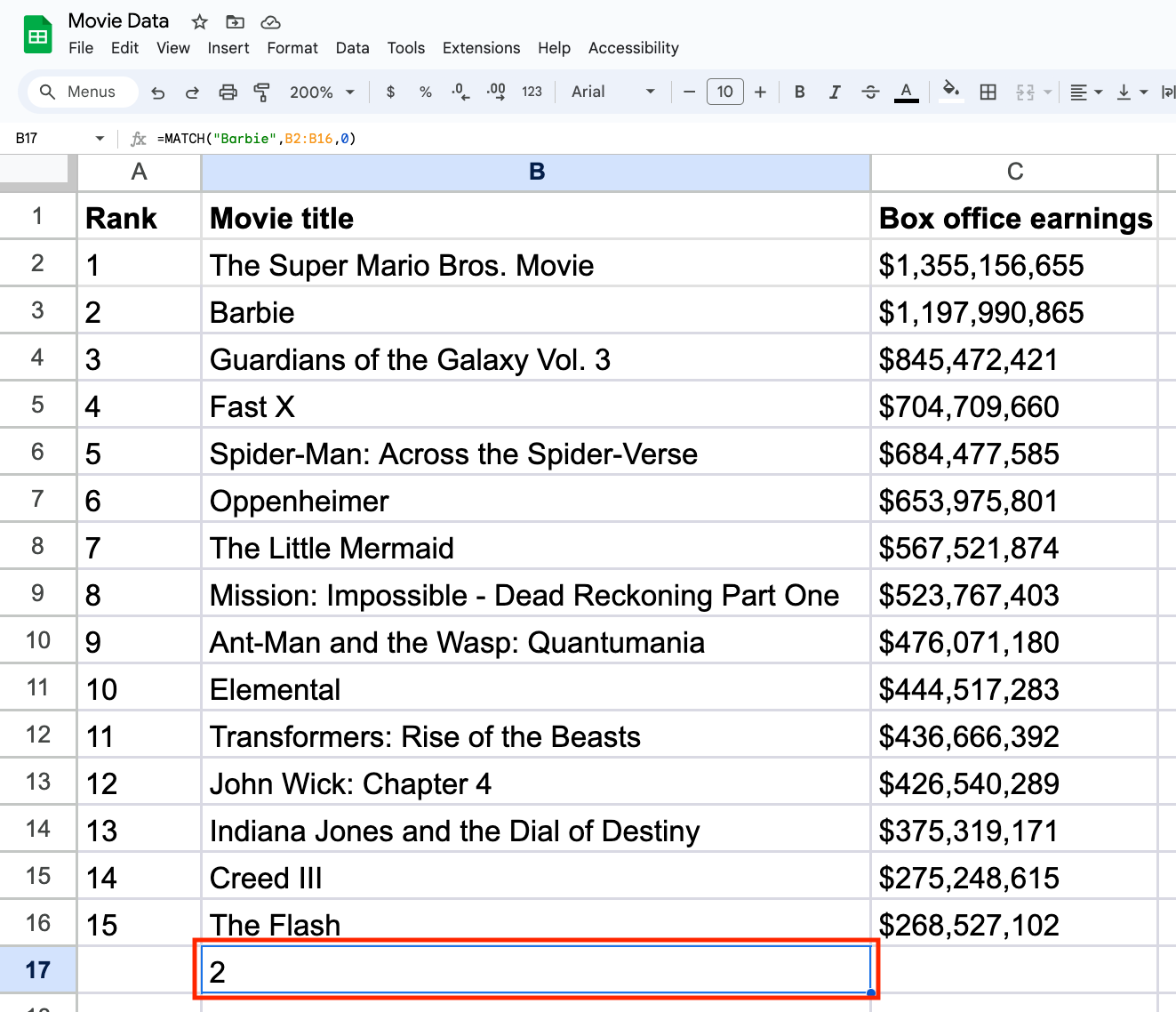 Google Sheet showing the result of a MATCH function.