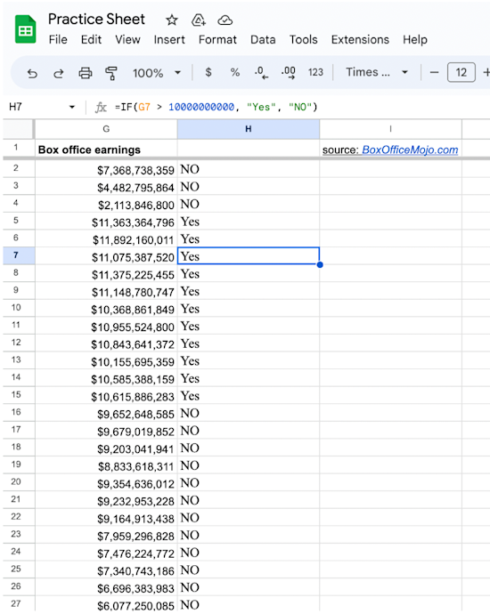 Google Sheets output of 'IF-THEN' command displayed on all cells in the column