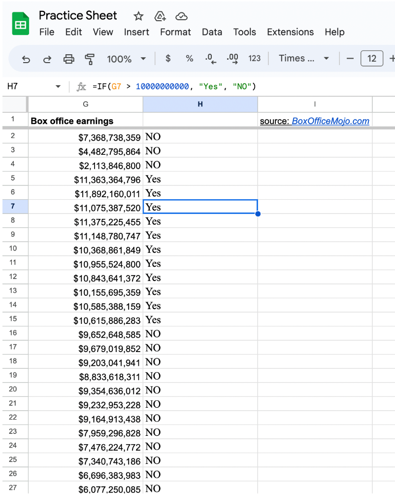 Google Sheets output of 'IF-THEN' command displayed on all cells in the column