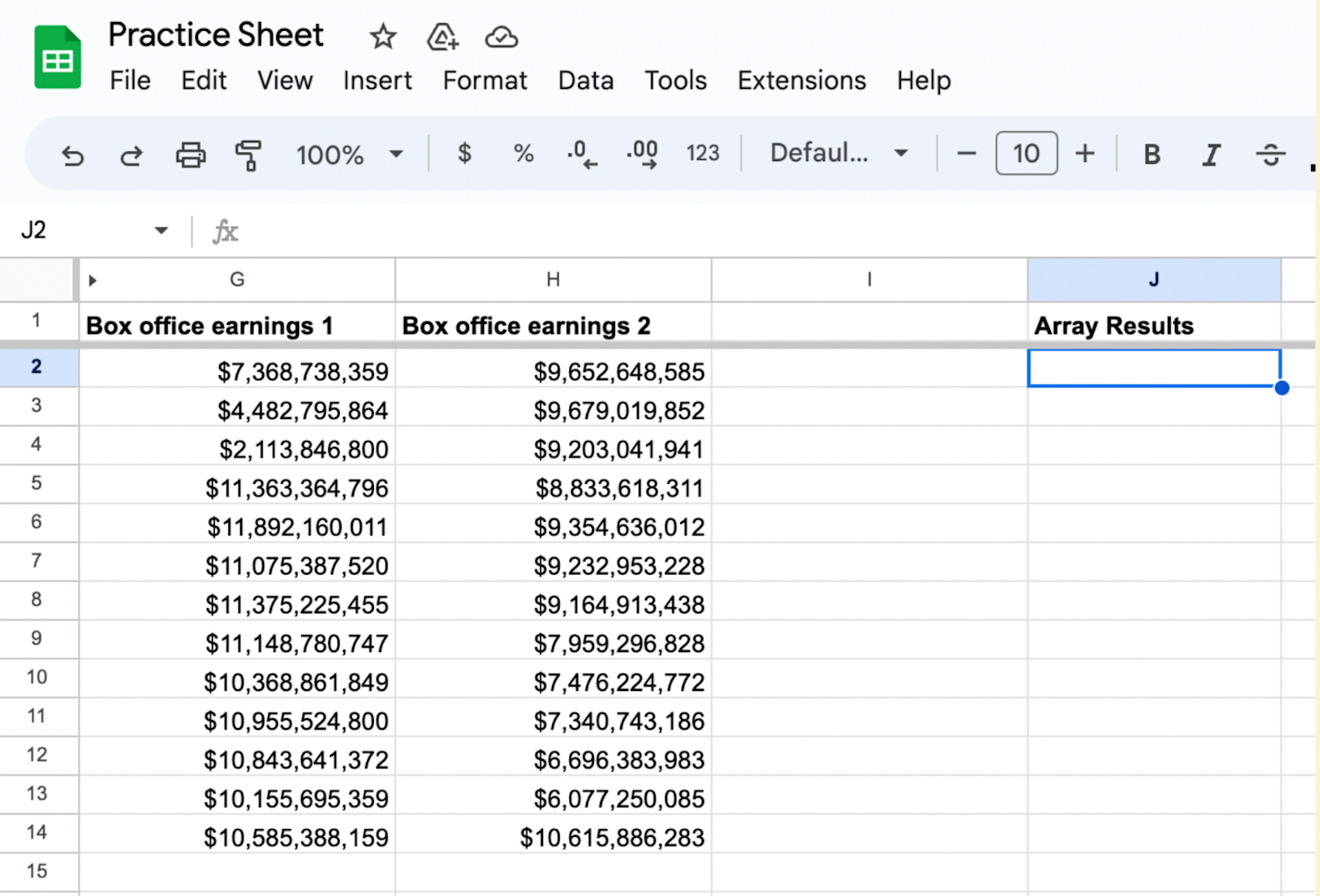 Google Sheets opened with the 'ARRAYFORMULA' cell selected