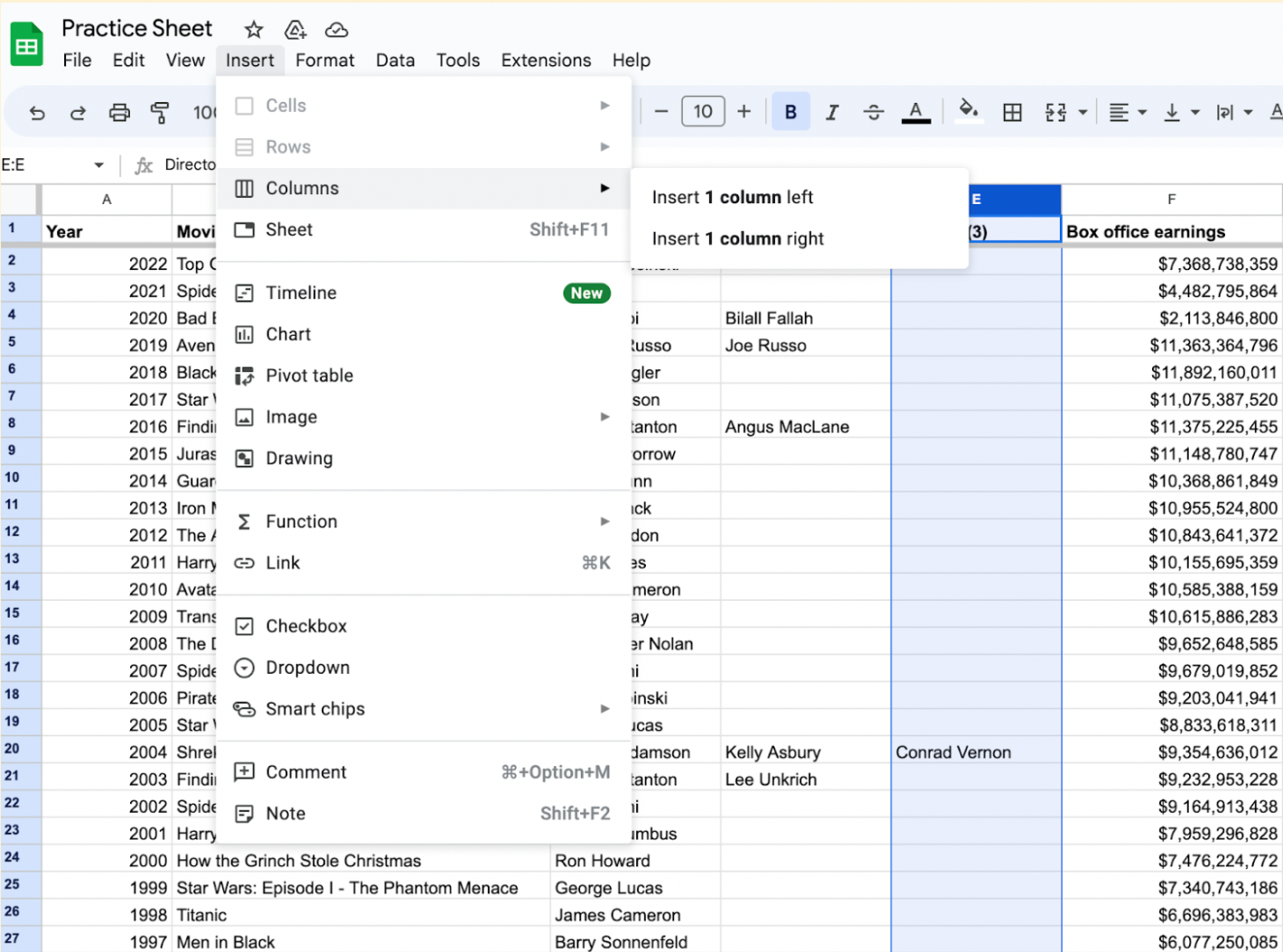 Google Sheet 'Columns' button options opened