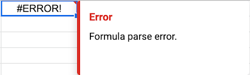 Alt text: Screencap of a formula parse error message displayed in Google Sheets.
