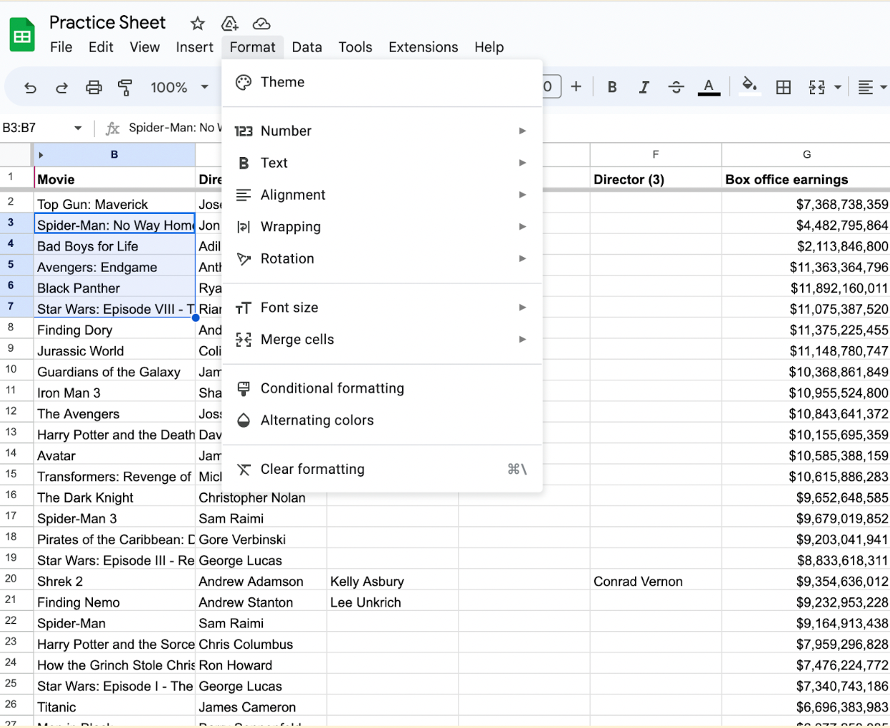 The Format drop-down menu in Google Sheet