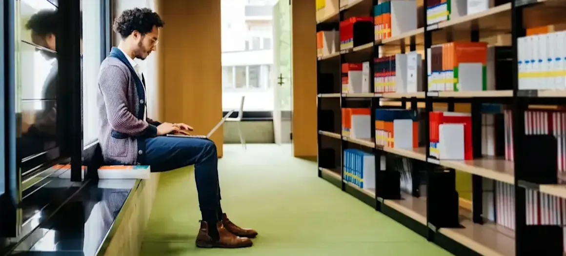 Featured image: A person works on their laptop in a library filled with books, researching an MA vs. MS degree.