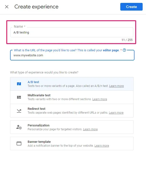Google Optimize name your experience