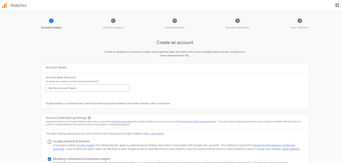 Alt text: Google Analytics Create an account page