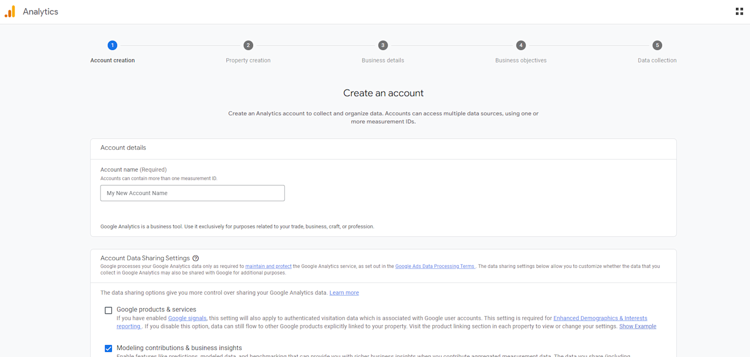 Alt text: Google Analytics Create an account page