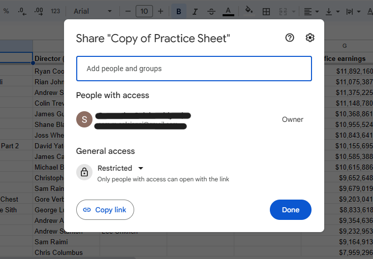 Google Sheets pop-up box displaying general access settings set to ‘Restricted’