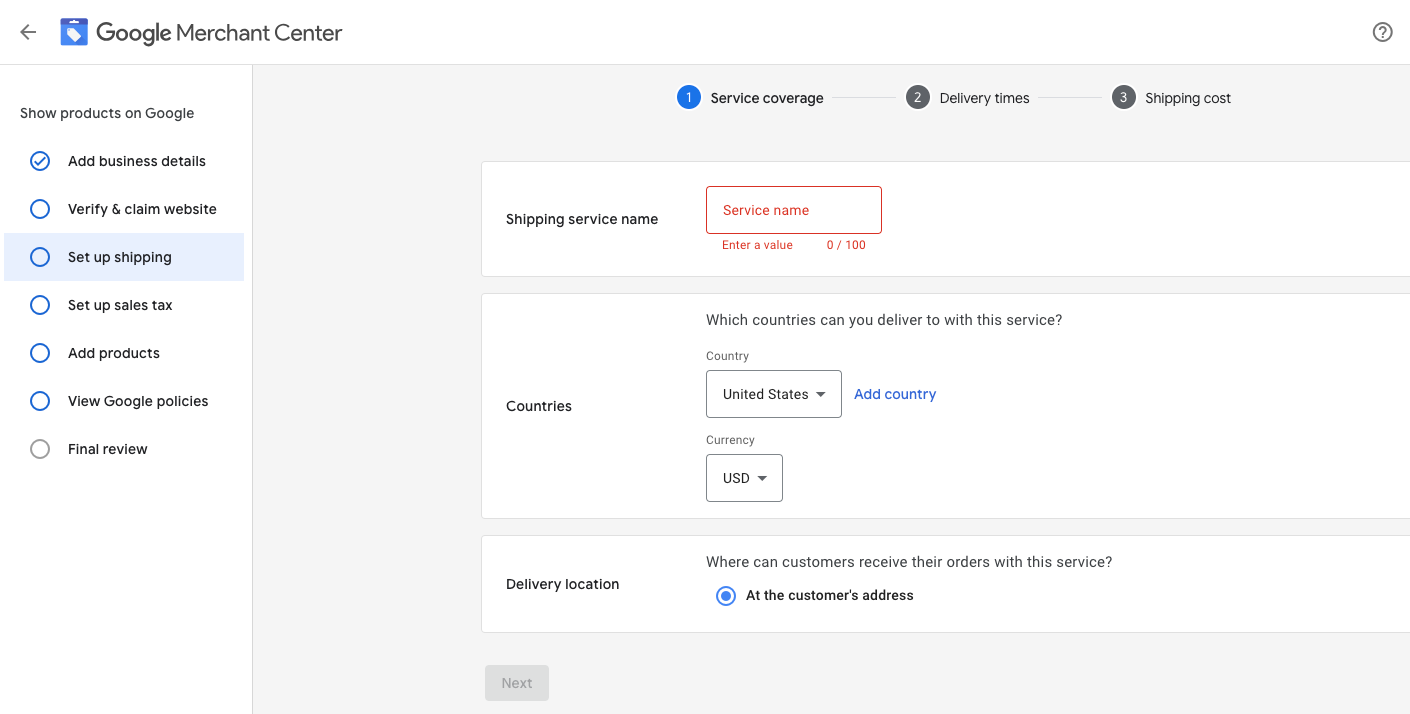 [Screenshot] Shipping selection screen within Google Merchant Center