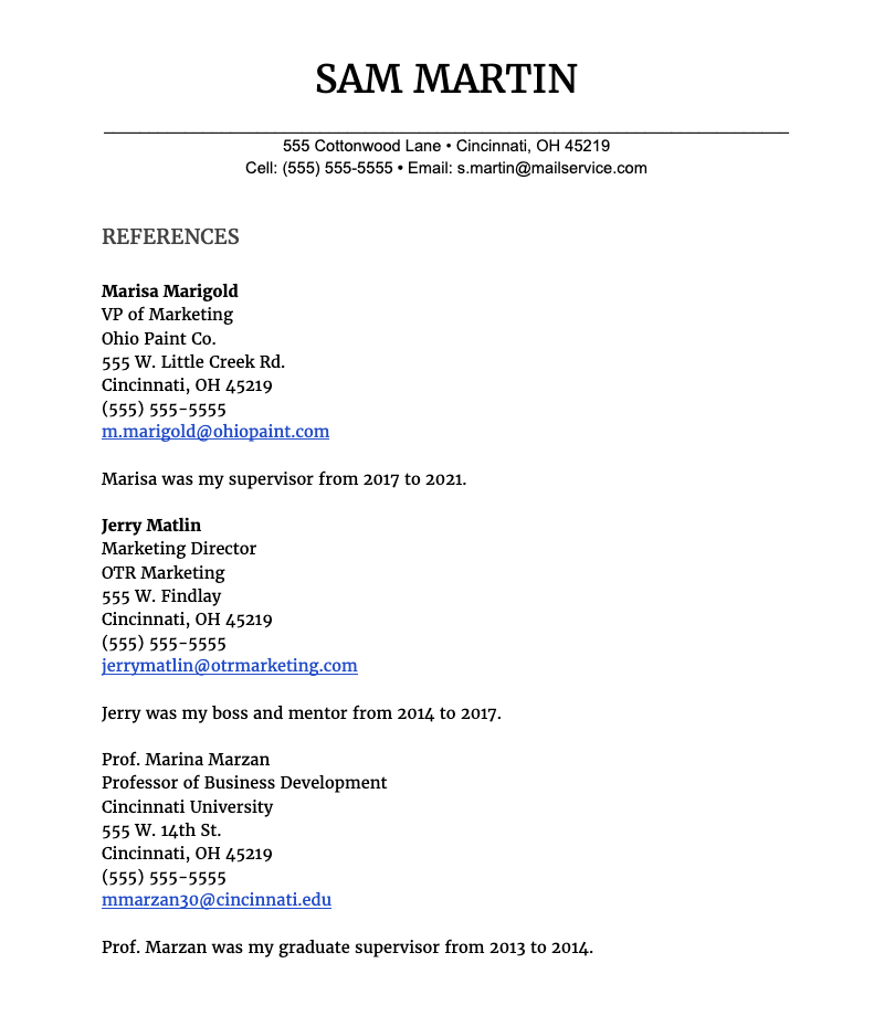 [Sample Resume Reference List] Black text on a white background